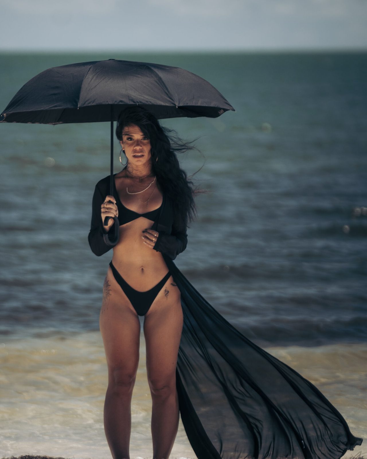 Black umbrella and sheer train catching the wind against a teal sea