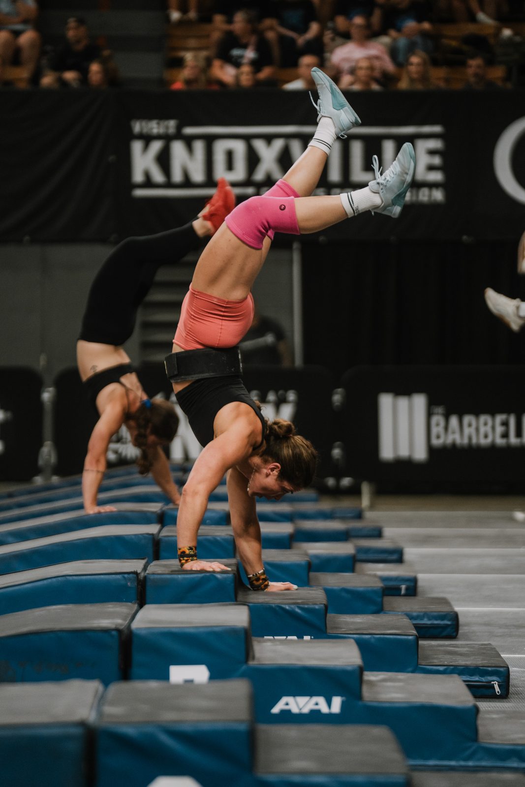 Handstand walk across the obstacle at a competition